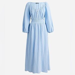 J Crew V-Neck Midi Dress Light Blue Long Puff Sleeve Soft Gauze Peasant Dress XS